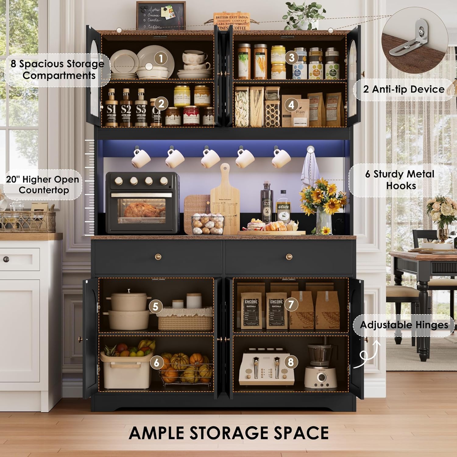 71" LED Kitchen Pantry Cabinet with Power Outlet, Large Kitchen Hutch Storage Cabinet with Arched Door & Shelves & 2 Drawers, Tall Farmhouse Coffee Bar W/Hutch for Home Dining Living Room, Black