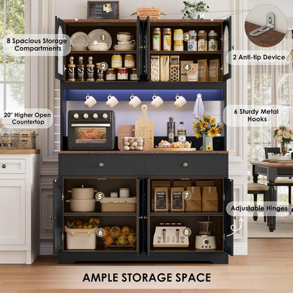 71" LED Kitchen Pantry Cabinet with Power Outlet, Large Kitchen Hutch Storage Cabinet with Arched Door & Shelves & 2 Drawers, Tall Farmhouse Coffee Bar W/Hutch for Home Dining Living Room, Black