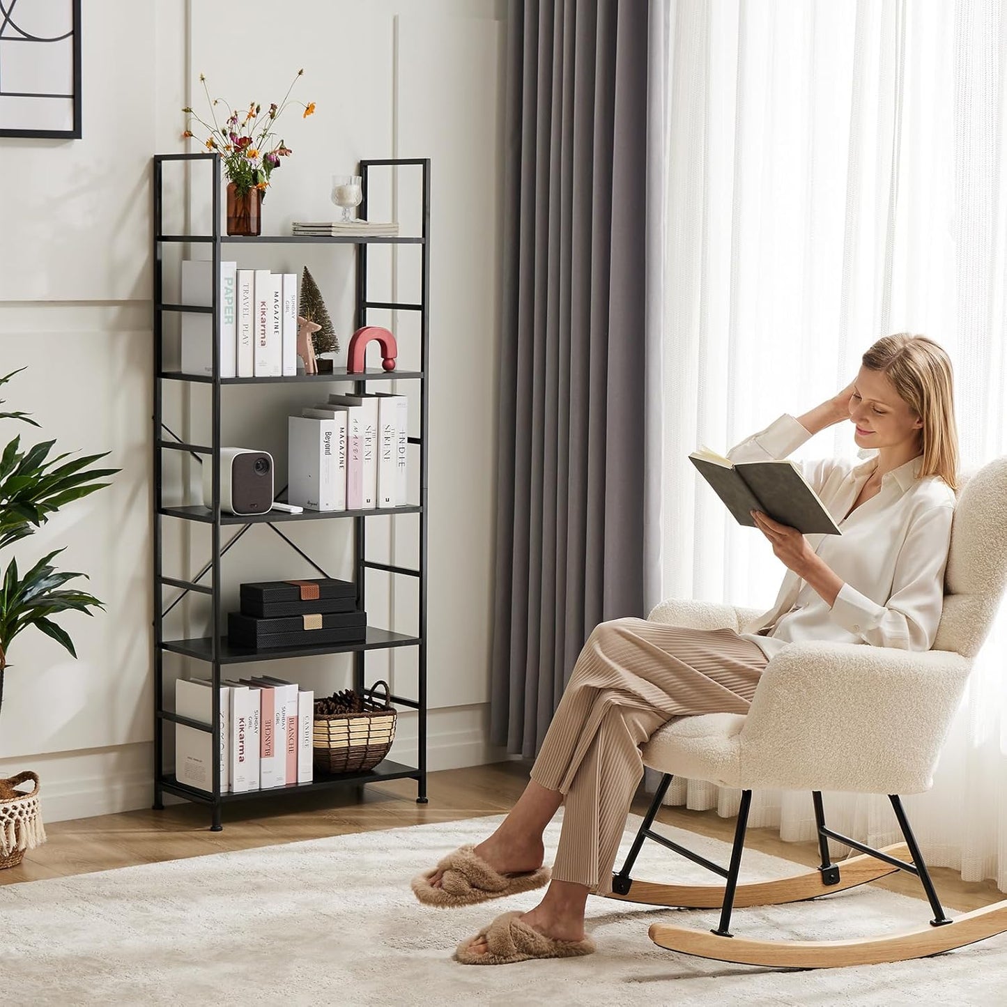 Book Shelf, 5 Tier Bookcase, Modern Tall Bookshelf for Garage Kit, Cds, Movies, Industrial Corner Storage Organizer for Bedroom Home Office Kitchen Living Room, Black