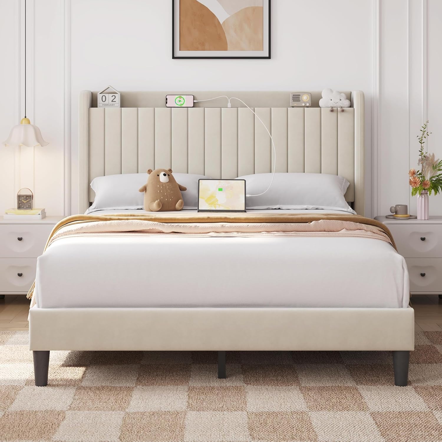 Queen Bed Frame with USB Charging Station and Storage Shelf/Upholstered Headboard Platform Bed with Wing Side/Wooden Slats Support/Noise Free/No Box Spring Needed/Easy Assembly, Beige