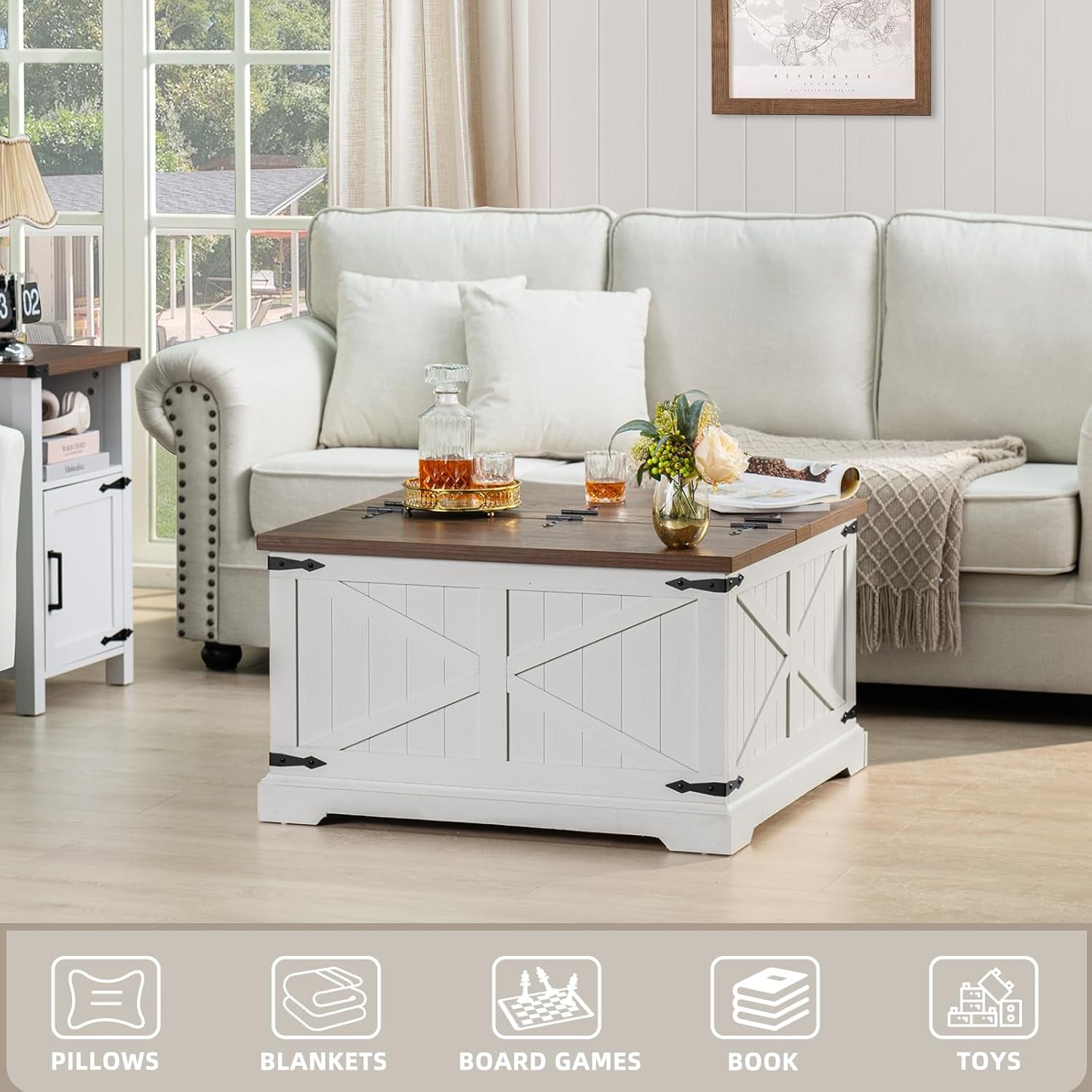 Farmhouse Coffee Table with Large Hidden Storage Compartment, Antique White Square Center Table, Wood Rustic Low Modern Living Room Tables with Hinged Lift Brown Top & Wooden Arc Base