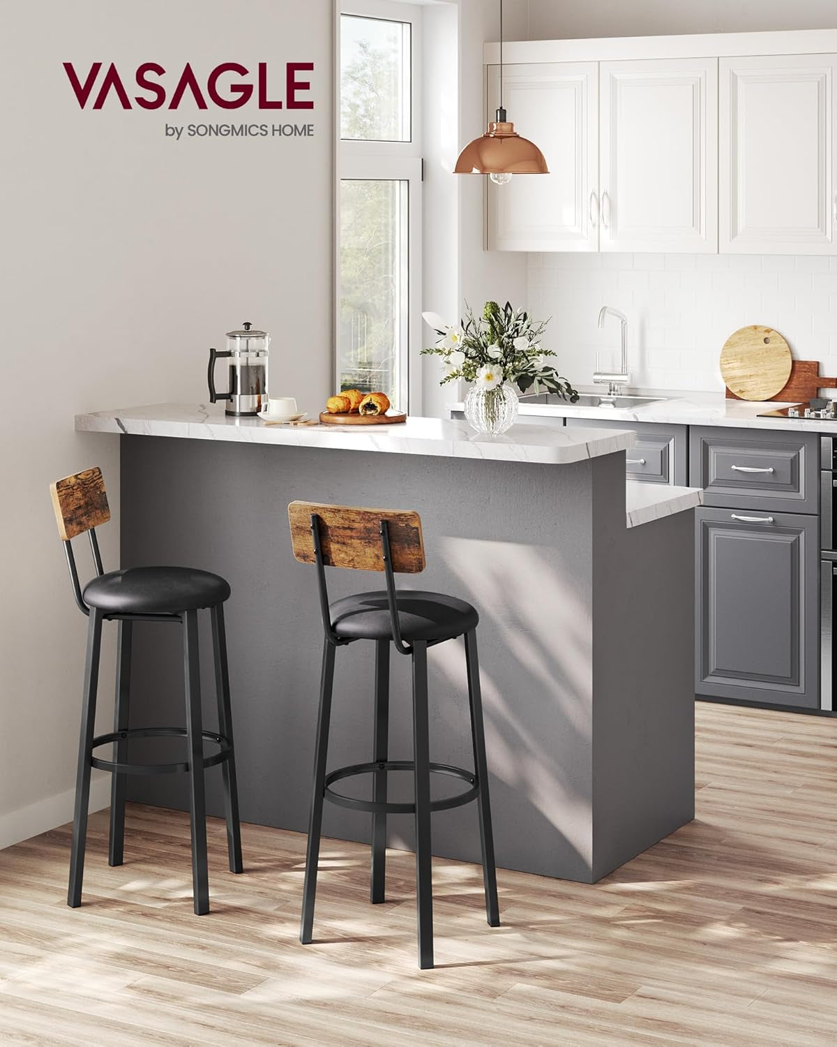 Bar Stools, Set of 2 PU Upholstered Breakfast Stools, 29.7 Inches Barstools with Back and Footrest, Simple Assembly, for Dining Room Kitchen Counter Bar, Rustic Brown and Black ULBC069B81