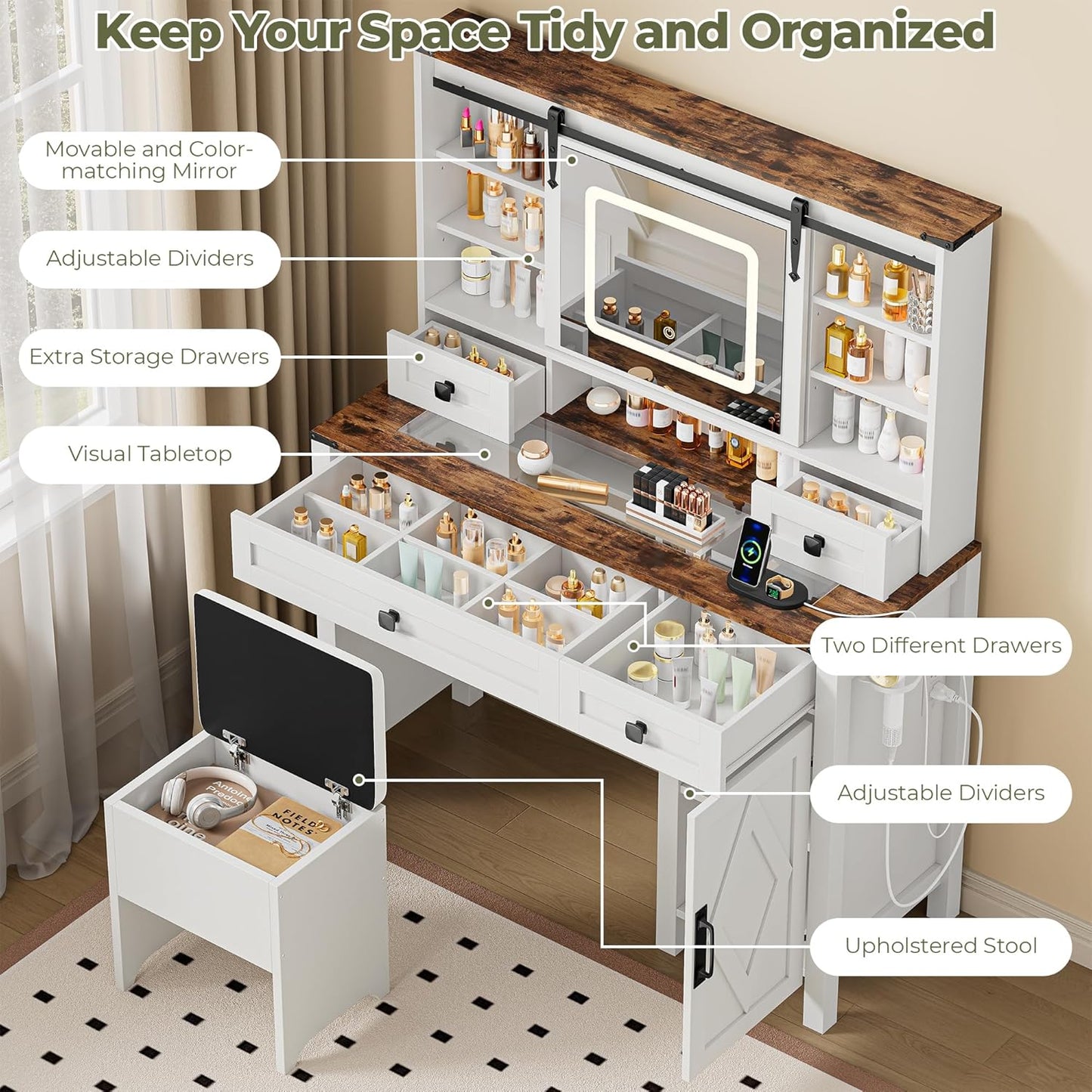 Farmhouse Vanity Desk with Sliding Mirror & Lights, Glass Top Makeup Vanity Table with Power Outlet, 3 Color Lighting Modes, 4 Drawers & Storage Cabinet, Includes Cushioned Stool for Bedroom