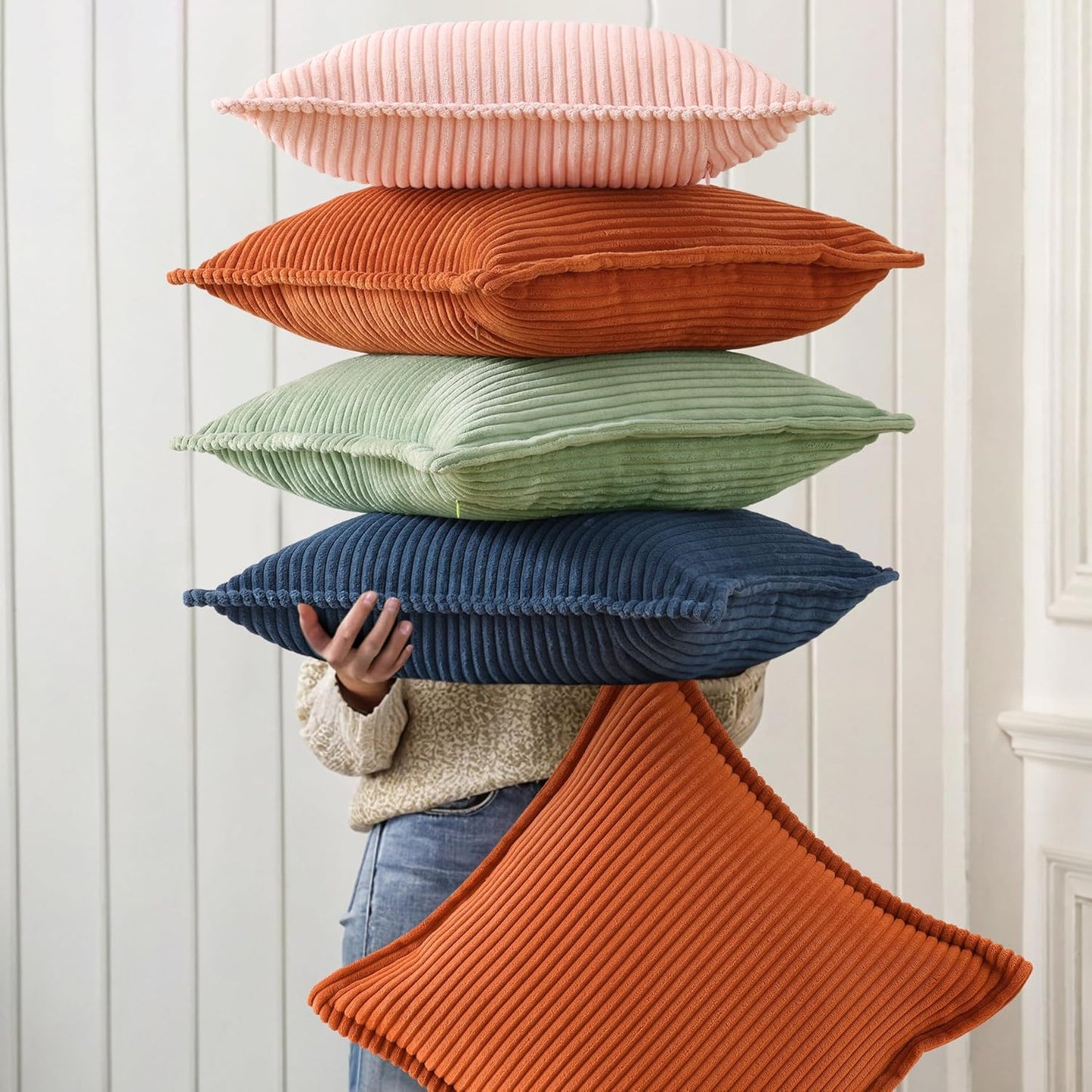 Fall Corduroy Rust Throw Pillow Covers 18X18 Set of 2 Decorative Soft Boho Farmhouse Euro Sham Couch Pillow Covers for Living Room Bed Sofa Broadside Striped Pillow Cases