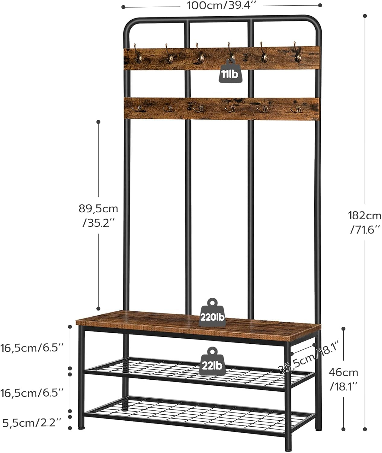 Hall Tree with Bench, Entryway Bench with Coat Rack, Mud Room Rack with 12 Double Hooks and Shoe Storage, Coat Tree, Shoe Rack Organizer, for Foyer, Front Door, Rustic Brown BF05MT01
