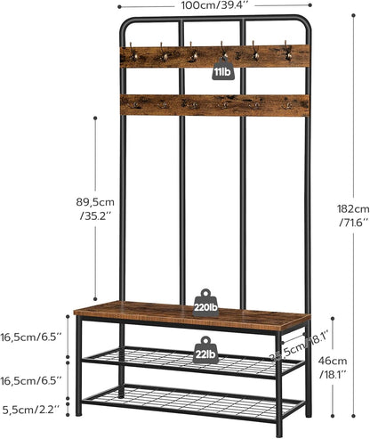 Hall Tree with Bench, Entryway Bench with Coat Rack, Mud Room Rack with 12 Double Hooks and Shoe Storage, Coat Tree, Shoe Rack Organizer, for Foyer, Front Door, Rustic Brown BF05MT01