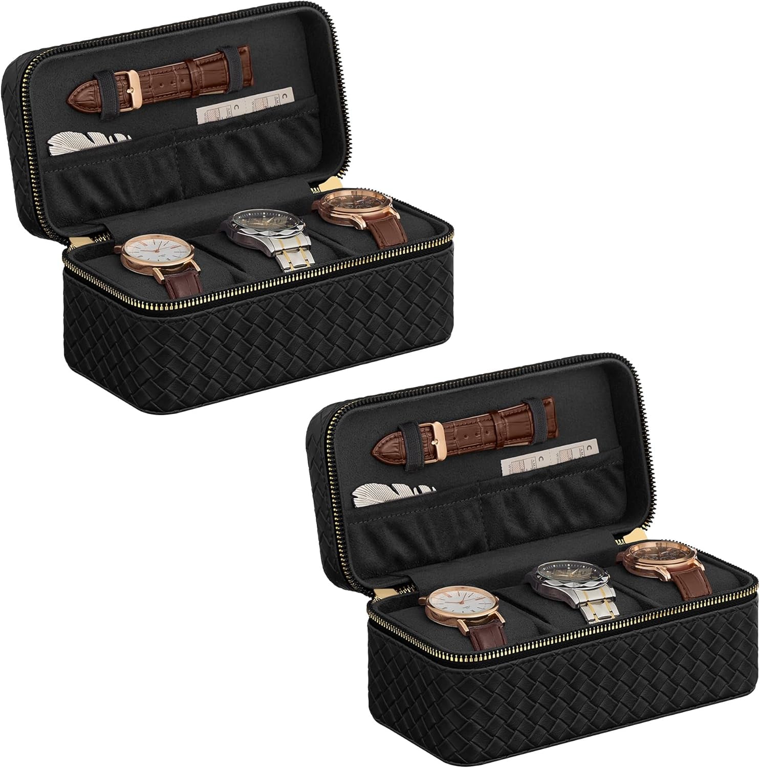 HOME RONNE Collection - 3 Watch Travel Cases, Pack of 2, 3-Slot Watch Boxes, Woven Embossed PU Leather, 3.9 X 7.9 X 3.5 Inches, Gift Idea, Ink Black Surface, Ink Black Lining UJWB017B01-2J