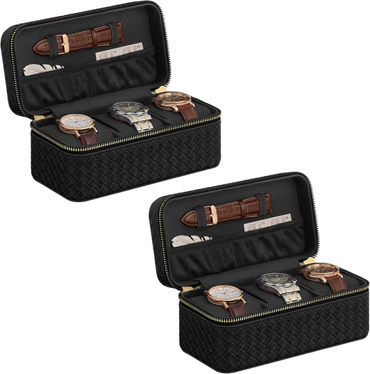 HOME RONNE Collection - 3 Watch Travel Cases, Pack of 2, 3-Slot Watch Boxes, Woven Embossed PU Leather, 3.9 X 7.9 X 3.5 Inches, Gift Idea, Ink Black Surface, Ink Black Lining UJWB017B01-2J