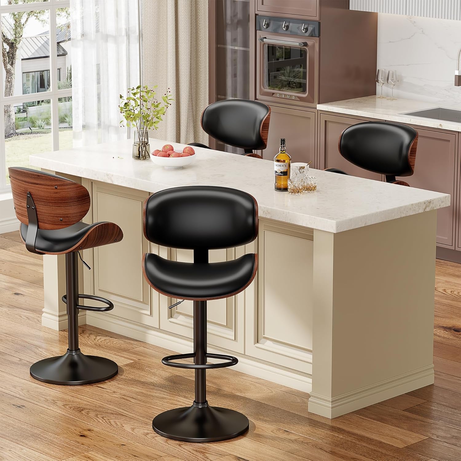 Swivel Bar Stools Set of 2 for Kitchen Counter, Adjustable Bentwood Barstools, Modern PU Leather Upholstered Bar Chair with Back and Footrest, for Bar, Kitchen, Dining Room, Black