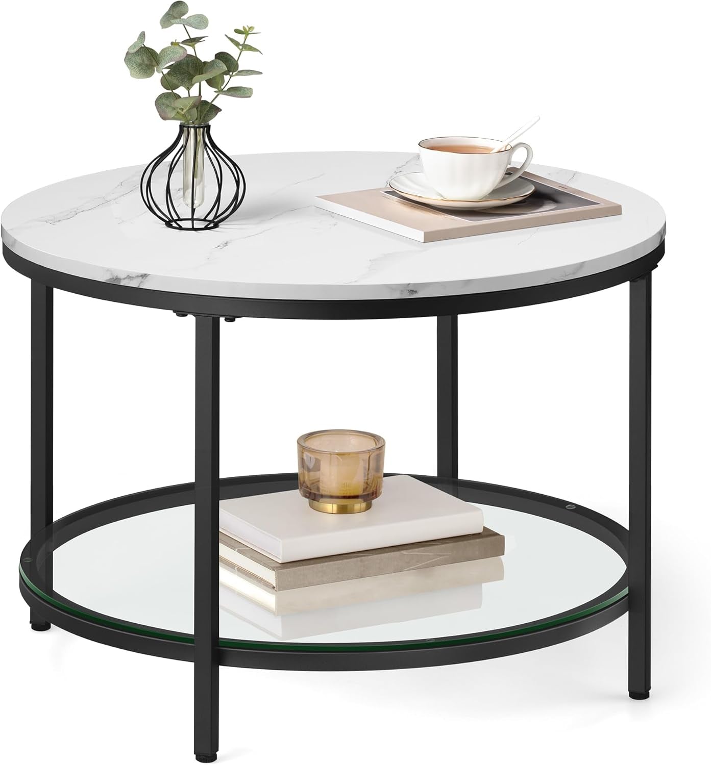 round Coffee Table, 2-Tier Small Coffee Table with Faux Marble Top and Glass Shelf, Modern Style, for Living Room, 25.6 X 25.6 X 18.1 Inches, Marble White and Ink Black ULCT072W13