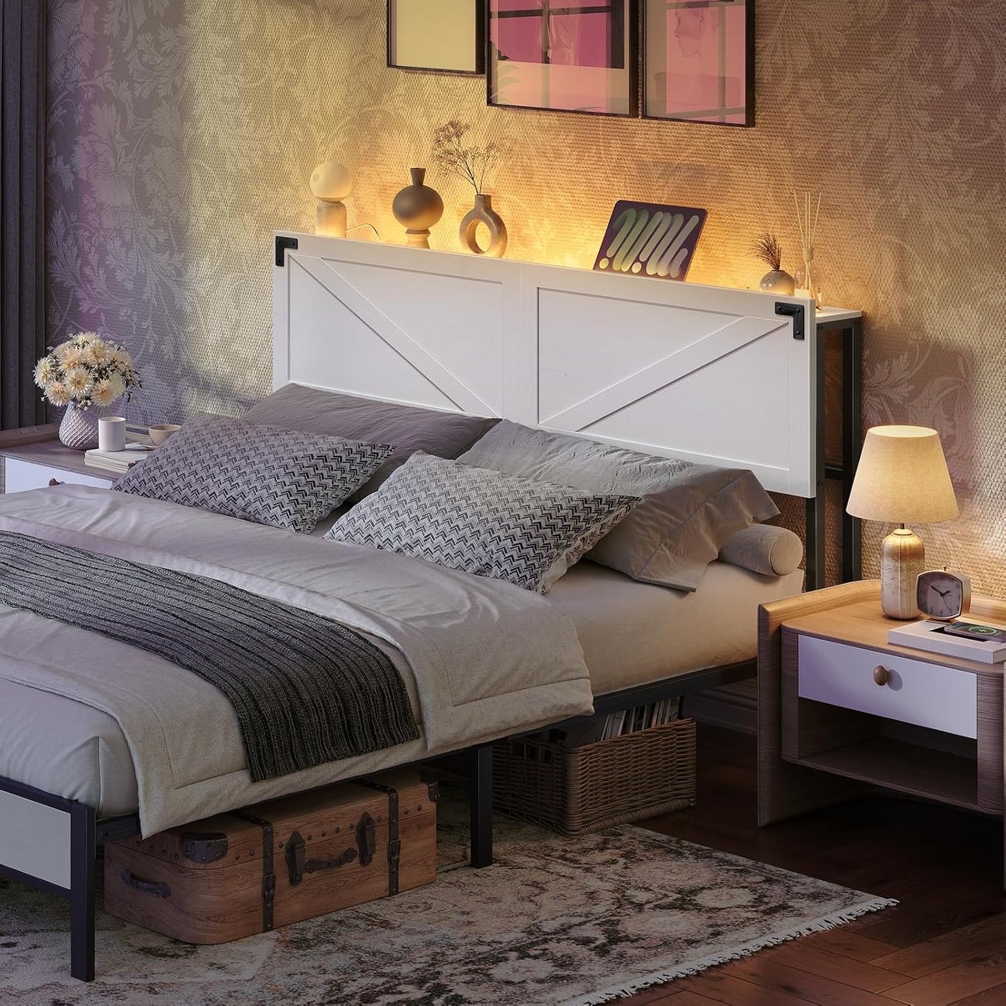 Queen Size Headboard Only, Headboard with 2 Outlets and 4 USB Ports, Farmhouse Headboard, with LED Lights, Secure Storage with Raised Fence, with Bed Frame Adapter, White and Black