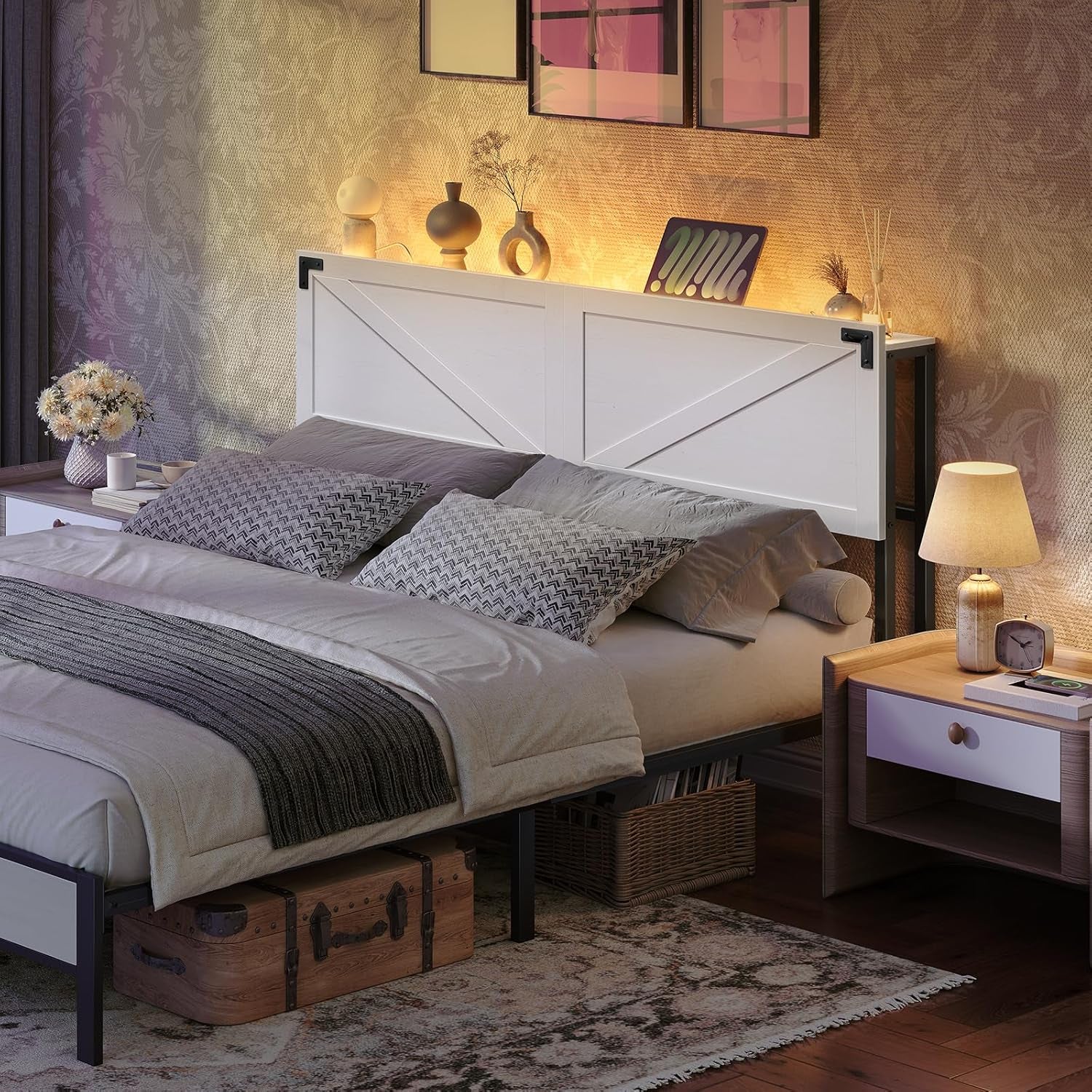 Queen Size Headboard Only, Headboard with 2 Outlets and 4 USB Ports, Farmhouse Headboard, with LED Lights, Secure Storage with Raised Fence, with Bed Frame Adapter, White and Black