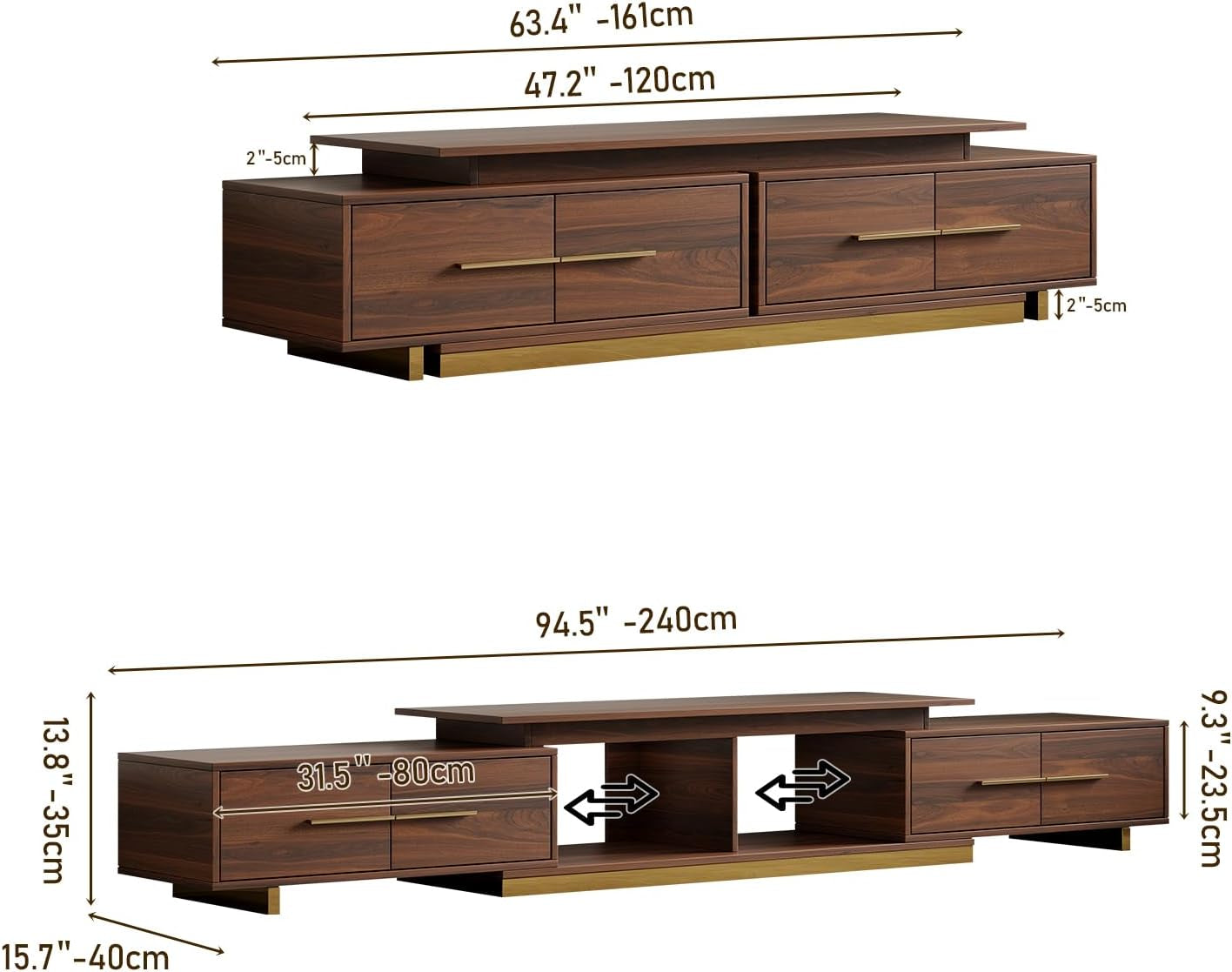 Extendable TV Stand, Modern TV Console for up to 100 Inch TV, Adjustable Length Entertainment Center, Mid-Century Media Console Cabinet for Living Room, Walnut (Extendable: 63.4”W-94.5”W)