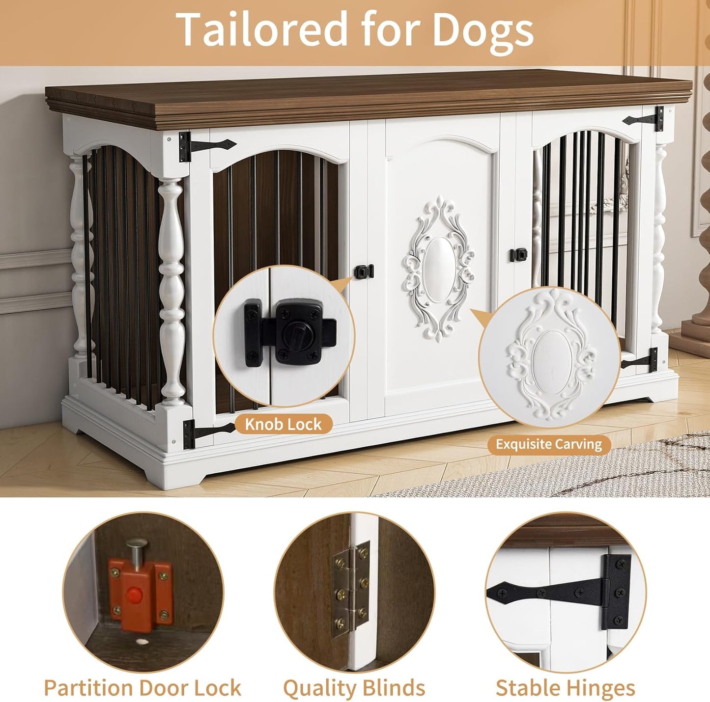 Dog Crate Furniture for 2 Dogs with Hand-Carved Patterns, All-Solid Wood Double Dog Crate & TV Stand, Large Dog Kennel with Divider for Giant Breeds, Heavy Duty Dog Cage, 62In（White）