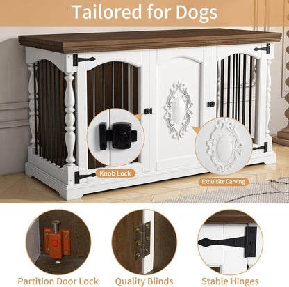 Dog Crate Furniture for 2 Dogs with Hand-Carved Patterns, All-Solid Wood Double Dog Crate & TV Stand, Large Dog Kennel with Divider for Giant Breeds, Heavy Duty Dog Cage, 62In（White）