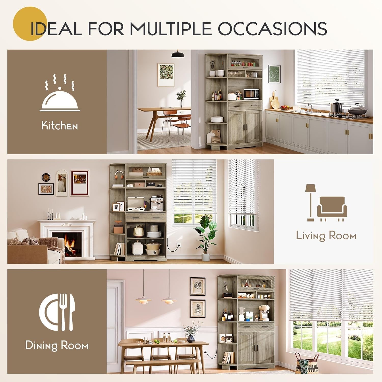 Kitchen Pantry Storage Cabinet, 67" Tall Kitchen Hutch with Outlet & Door & Shelves & Drawer, Farmhouse Wooden Microwave Stand Buffet Coffee Bar for Home Living Dining Room, Antique Gray