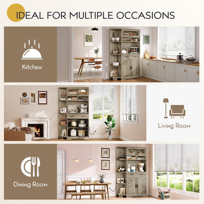 Kitchen Pantry Storage Cabinet, 67" Tall Kitchen Hutch with Outlet & Door & Shelves & Drawer, Farmhouse Wooden Microwave Stand Buffet Coffee Bar for Home Living Dining Room, Antique Gray