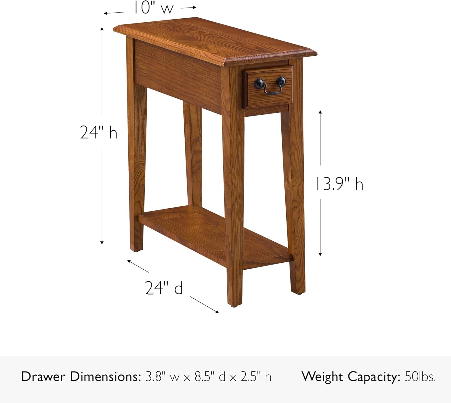 Haven Ridge End Table, Solid Wood, 1 Storage Drawer, Bottom Display Shelf, Narrow, Easy-Assembly, Medium Oak, 24.0 In. L X 10.0 In. W X 24.0 In. H, 9017-MED
