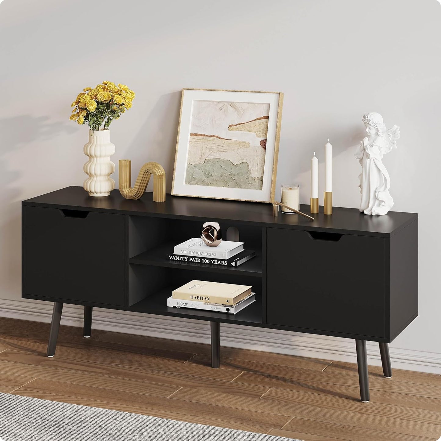 Black TV Stand for 50 55 60+ Inch Tvs - Media Console with 2 Cabinets & Open Shelves, Solid Wood Legs - TV Consoles for Living Room - 22" H Entertainment Center for Bedroom