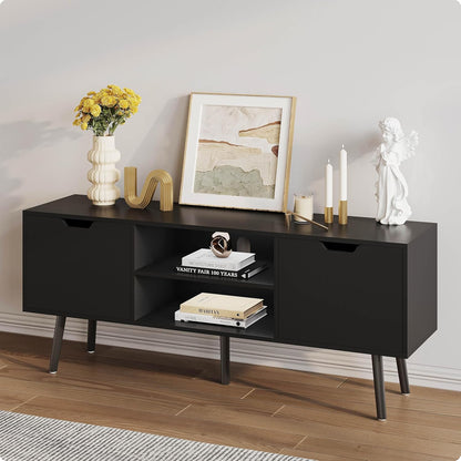 Black TV Stand for 50 55 60+ Inch Tvs - Media Console with 2 Cabinets & Open Shelves, Solid Wood Legs - TV Consoles for Living Room - 22" H Entertainment Center for Bedroom