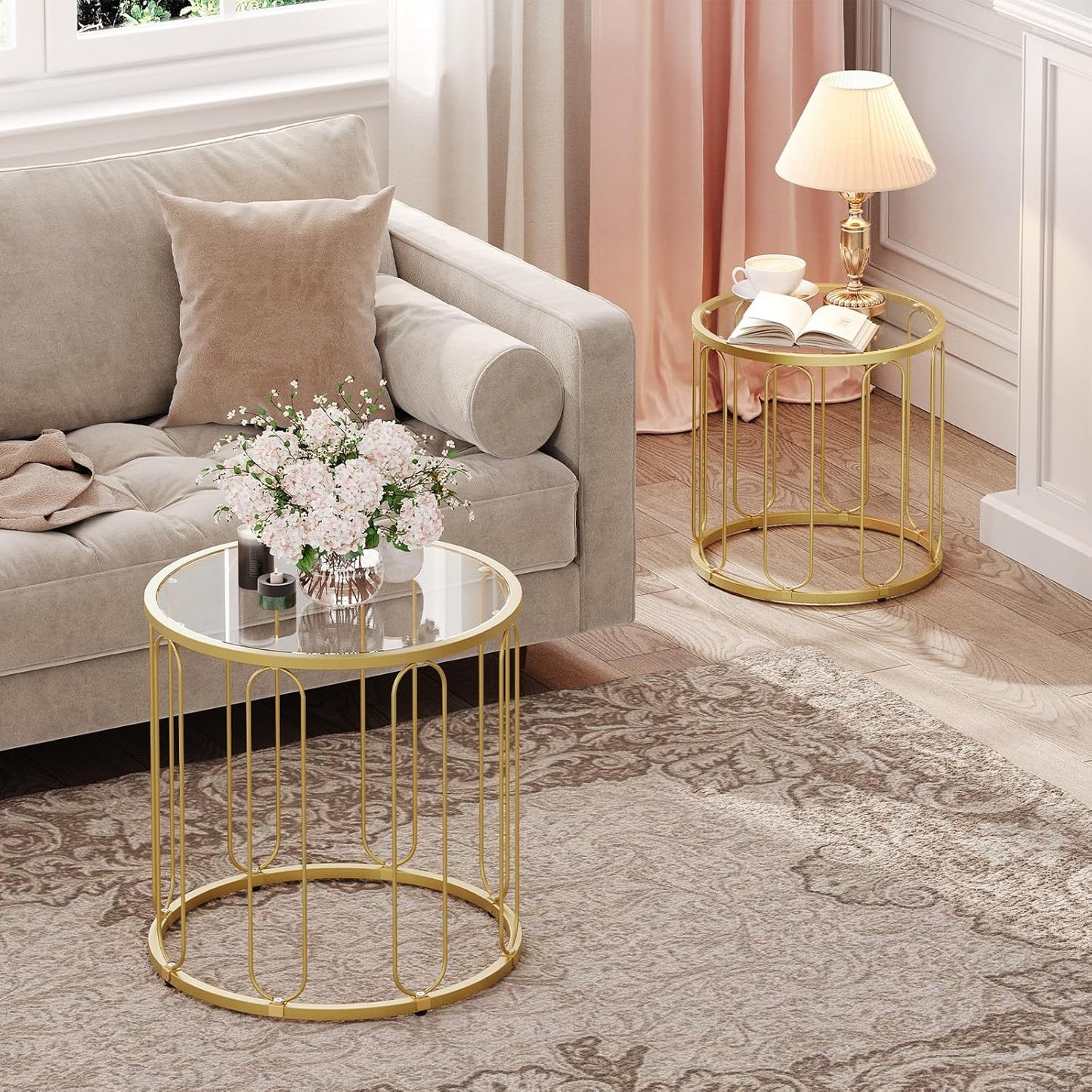 Small Coffee Table Set of 2, Gold Accent End Tables with Metal Frame, round Coffee Side Table with Tempered Glass Tabletop, for Living Room, Bedroom, Gold GD113BZ01