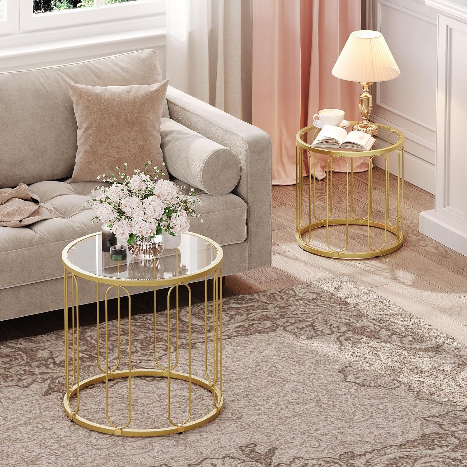 Small Coffee Table Set of 2, Gold Accent End Tables with Metal Frame, round Coffee Side Table with Tempered Glass Tabletop, for Living Room, Bedroom, Gold GD113BZ01