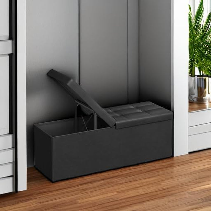 MAZIE Collection - 43 Inches Storage Ottoman Bench with Flipping Lid, Storage Chest with Iron Frame Support, Load 660 Lb, for Living Room, Bedroom, Synthetic Leather, Black ULSF75BK