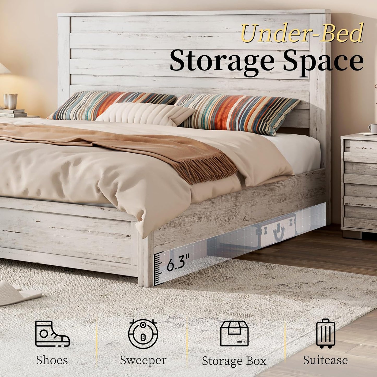 Farmhouse Queen Bed Frame with 49" Tall Headboard, Wooden Platform Bed with Hidden Metal Bed Frame, No Box Spring Needed/Noise Free, Distressed White