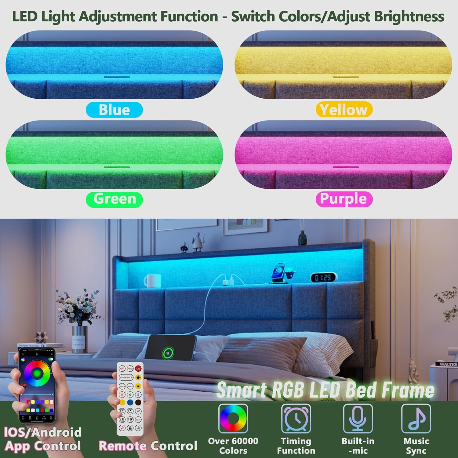 Queen Bed Frame with 4 Drawers and Storage Headboard, Grey Upholstered Platform Bed Frame Queen Size with Charging Station and LED Lights, Metal Slats Support, No Box Spring Needed