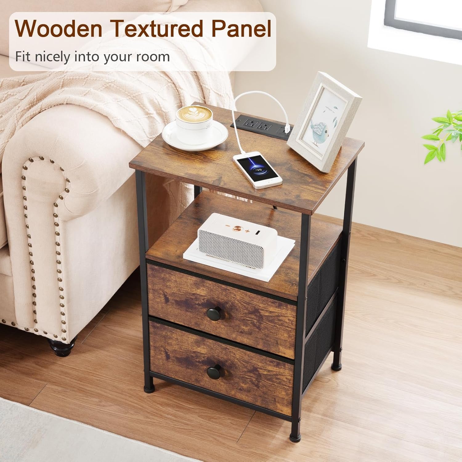 Night Stand Set 2, Nightstand with Charging Station, End Tables with Storage Shelf for Small Spaces, Bedside Table Side Tables with 2 Fabric Drawers for Bedroom, Rustic Brown, HETS020PBR