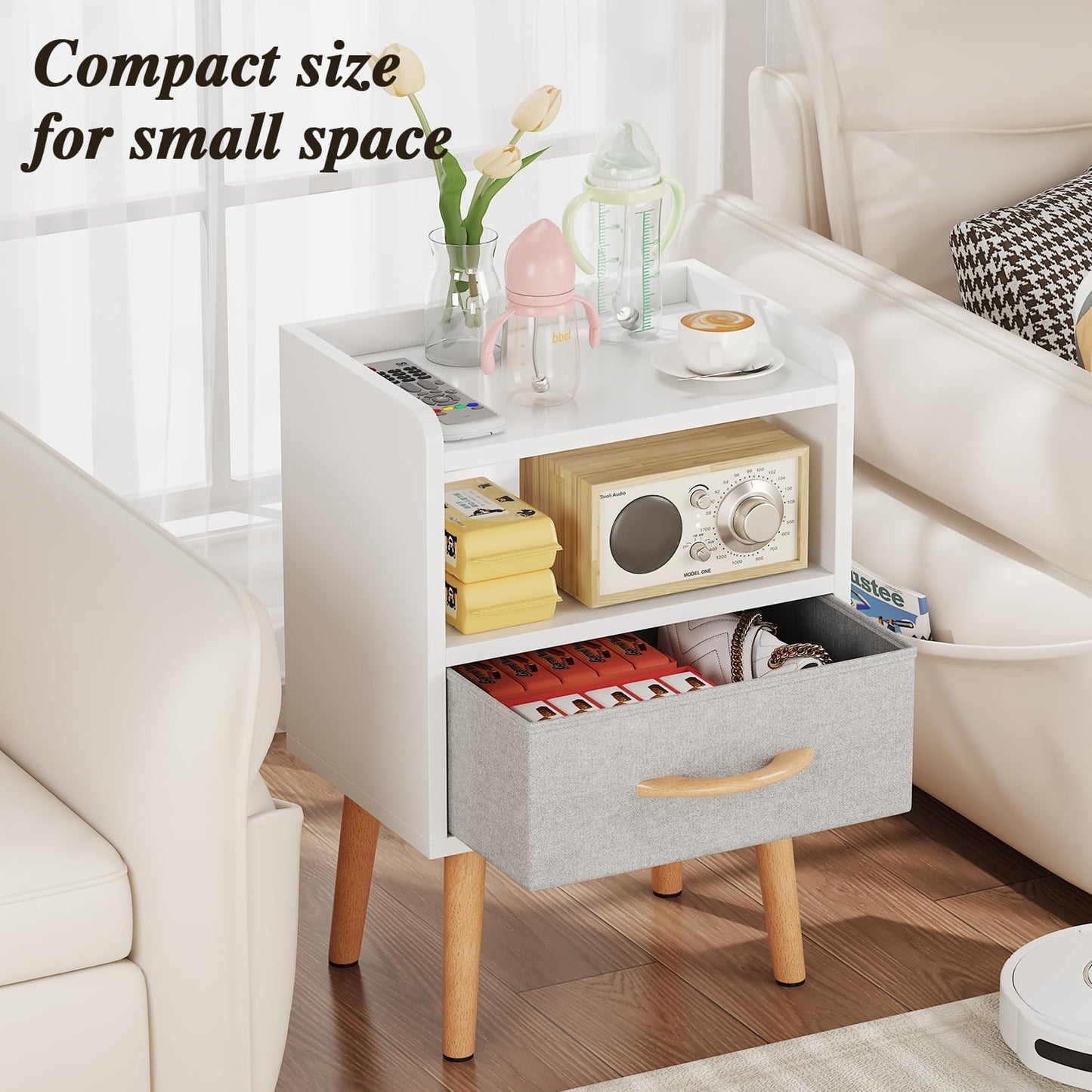 White Night Stand with Drawer, Mid Century Modern Bedside Table, Sturdy Wood Nightstand with Open Storage Shelf, Small Bedside Table for Bedroom, Kids Room & Small Spaces.
