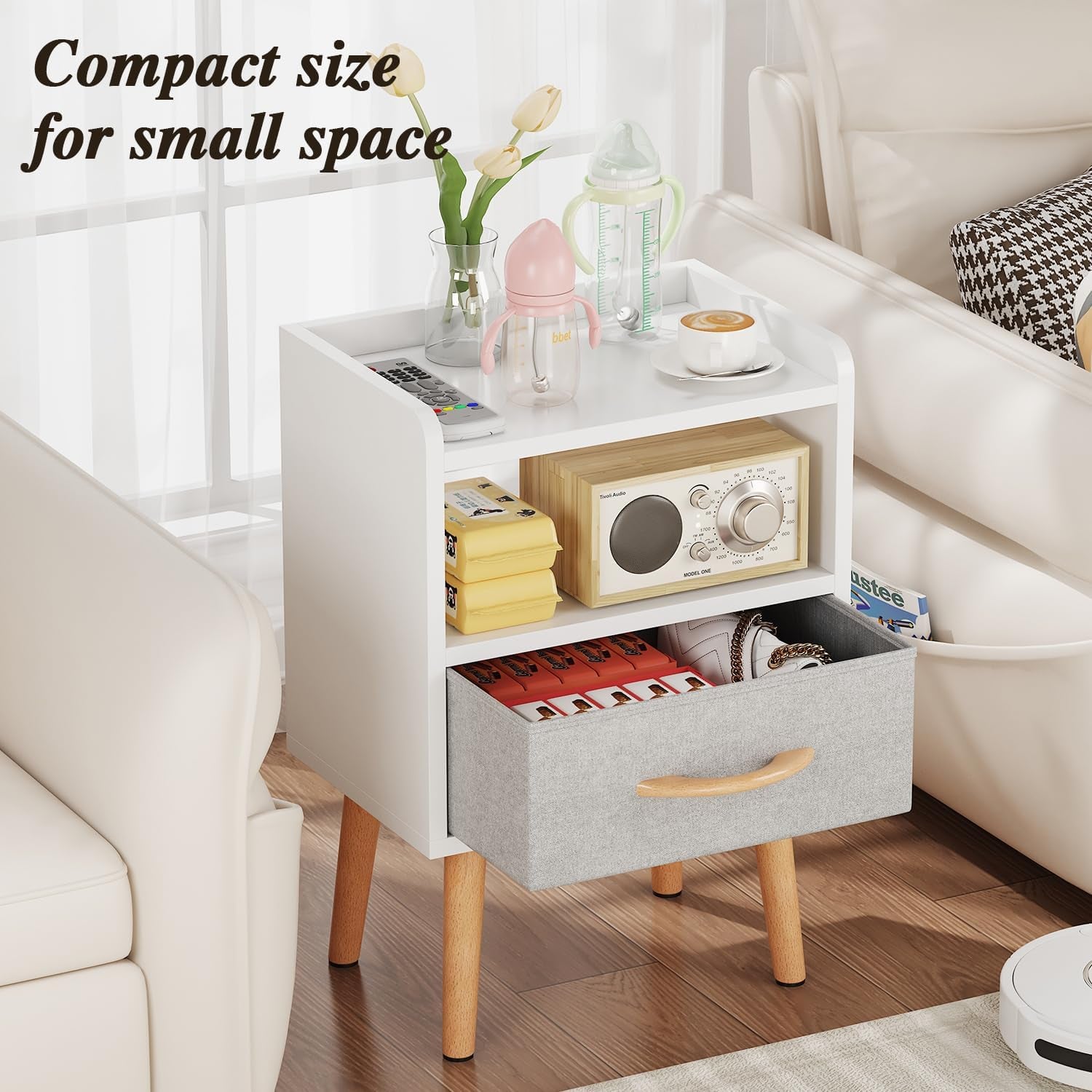 White Night Stand with Drawer, Mid Century Modern Bedside Table, Sturdy Wood Nightstand with Open Storage Shelf, Small Bedside Table for Bedroom, Kids Room & Small Spaces.