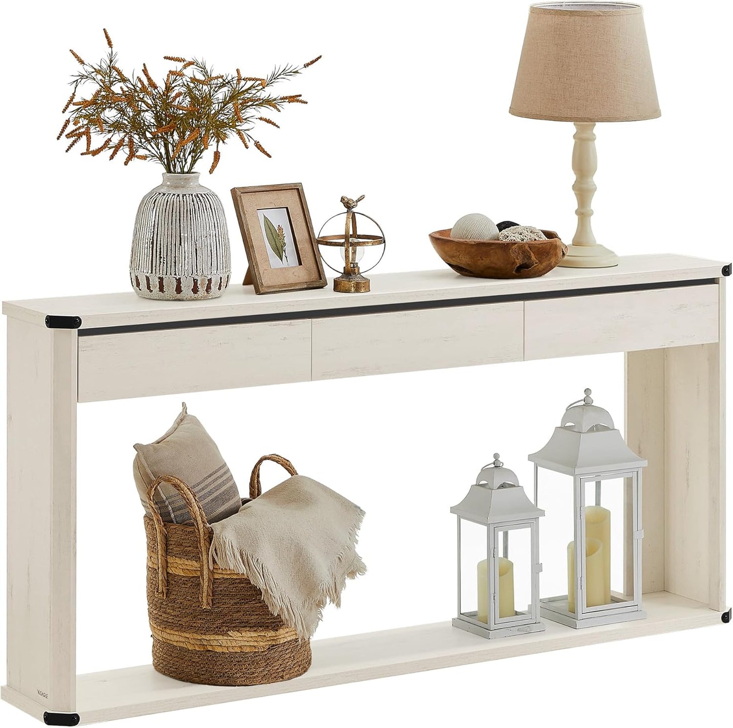 Console Table, 63 Inches Sofa Table, Narrow Entryway Table, Entry Table with 3 Drawers, Bottom Shelf, Metal Corners, for Living Room, Bedroom, Farmhouse Style, Rustic White ULNT146W73