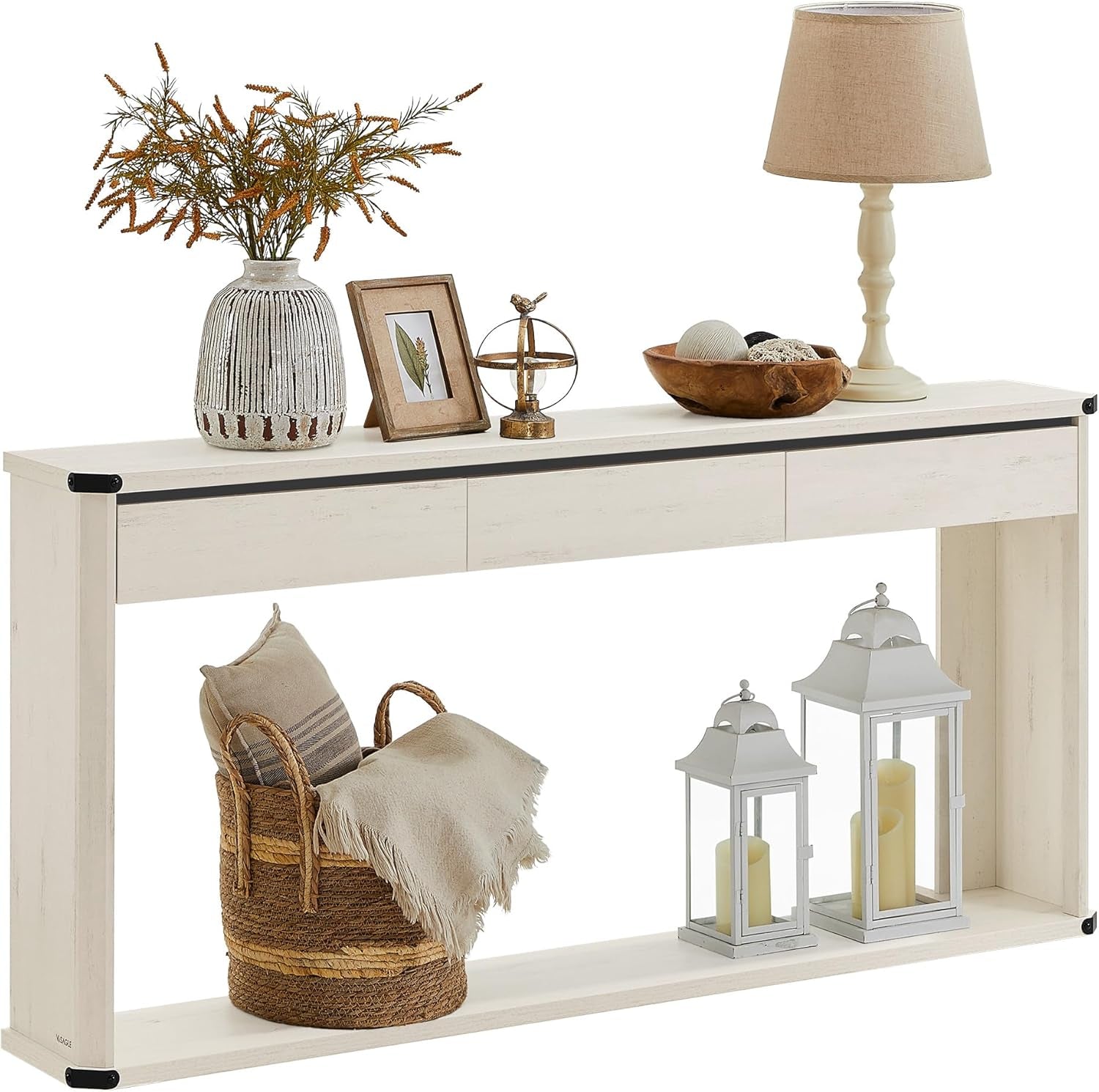 Console Table, 63 Inches Sofa Table, Narrow Entryway Table, Entry Table with 3 Drawers, Bottom Shelf, Metal Corners, for Living Room, Bedroom, Farmhouse Style, Rustic White ULNT146W73