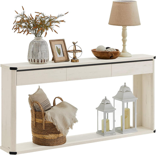 Console Table, 63 Inches Sofa Table, Narrow Entryway Table, Entry Table with 3 Drawers, Bottom Shelf, Metal Corners, for Living Room, Bedroom, Farmhouse Style, Rustic White ULNT146W73