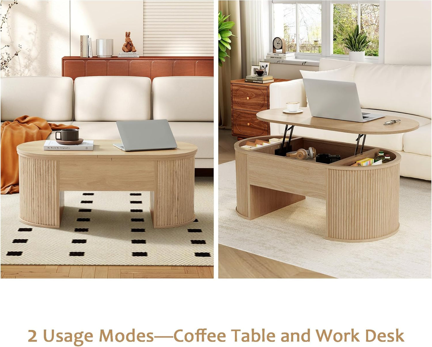 Lift Top Coffee Table, Fluted Coffee Table with Lifting Top, Wooden Lift up Dining Table with Hidden Compartment, Center Table for Living Room, Office - Oak