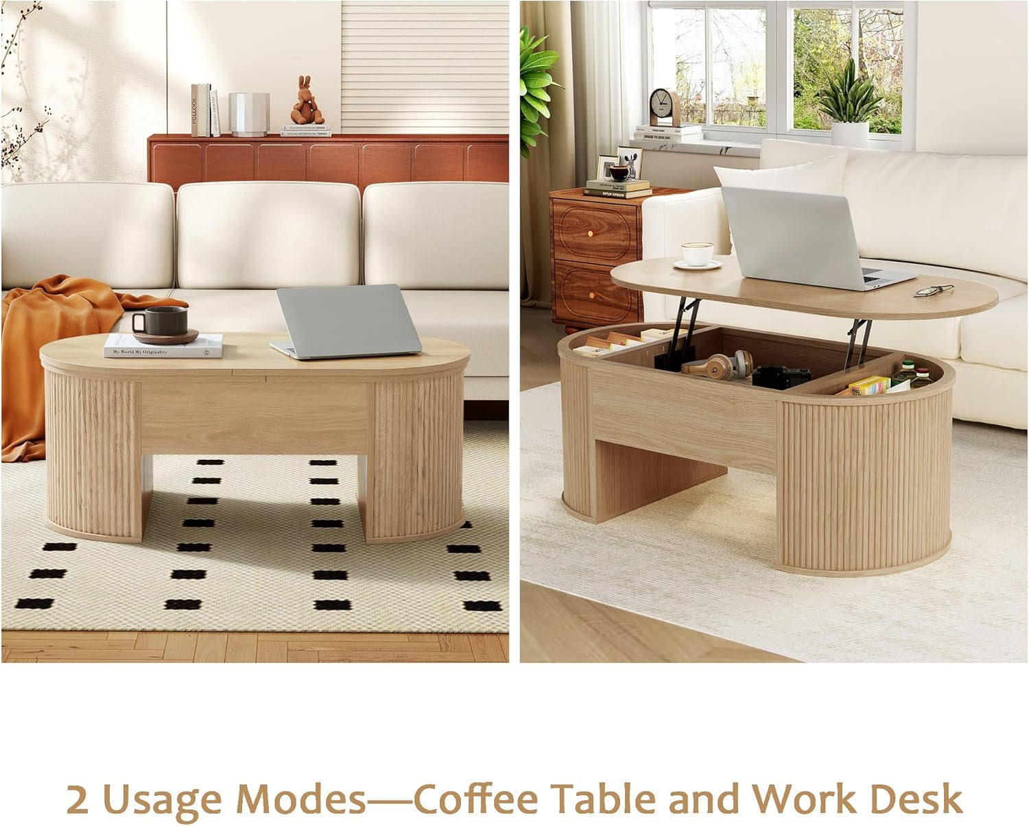 Lift Top Coffee Table, Fluted Coffee Table with Lifting Top, Wooden Lift up Dining Table with Hidden Compartment, Center Table for Living Room, Office - Oak