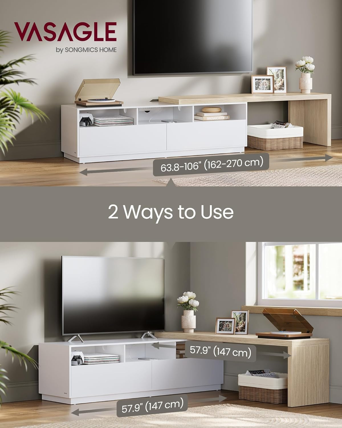 TV Stand with Power Outlet, Adjustable Length 63.8-106 Inches, Modular L-Shaped TV Console Table, LED Light, Fits Large Screen TV, for Living Room, Cloud White and Natural Beige ULTV126W01