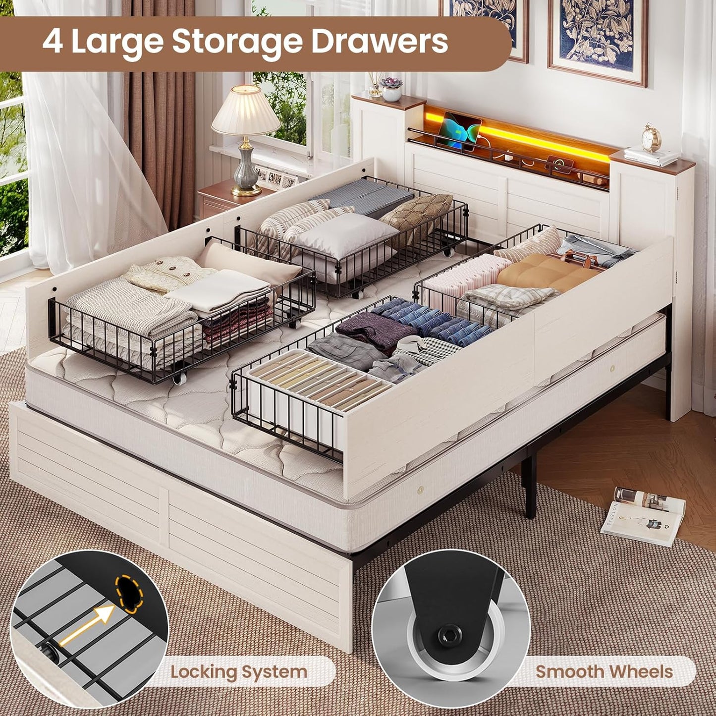 Farmhouse Queen Bed Frame with Headboard and Double Barn Door Storage Cabinets, Rustic Wooden Bed Frame Queen Size with Charging Station, 4 Drawers and LED Lights, No Box Spring Needed, White