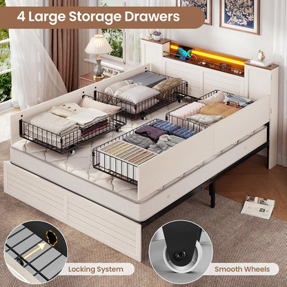 Farmhouse Queen Bed Frame with Headboard and Double Barn Door Storage Cabinets, Rustic Wooden Bed Frame Queen Size with Charging Station, 4 Drawers and LED Lights, No Box Spring Needed, White