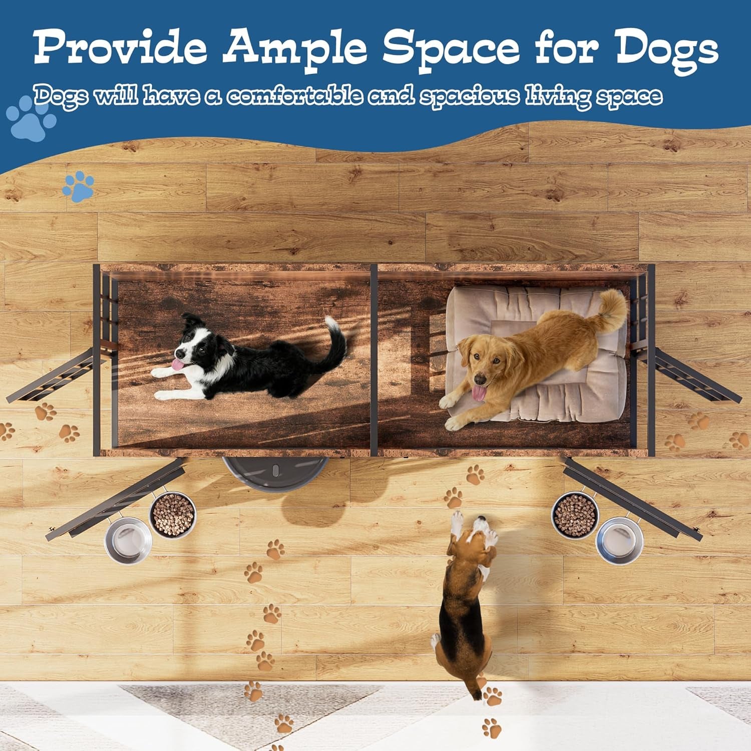 79" Dog Crate Furniture for 2 Dogs, Large Dog Kennel with 360° Rotating Feeder Bowls, Indoor Double Dogs Crates with 4 Doors, Wooden Crate TV Stand with Removable Divider