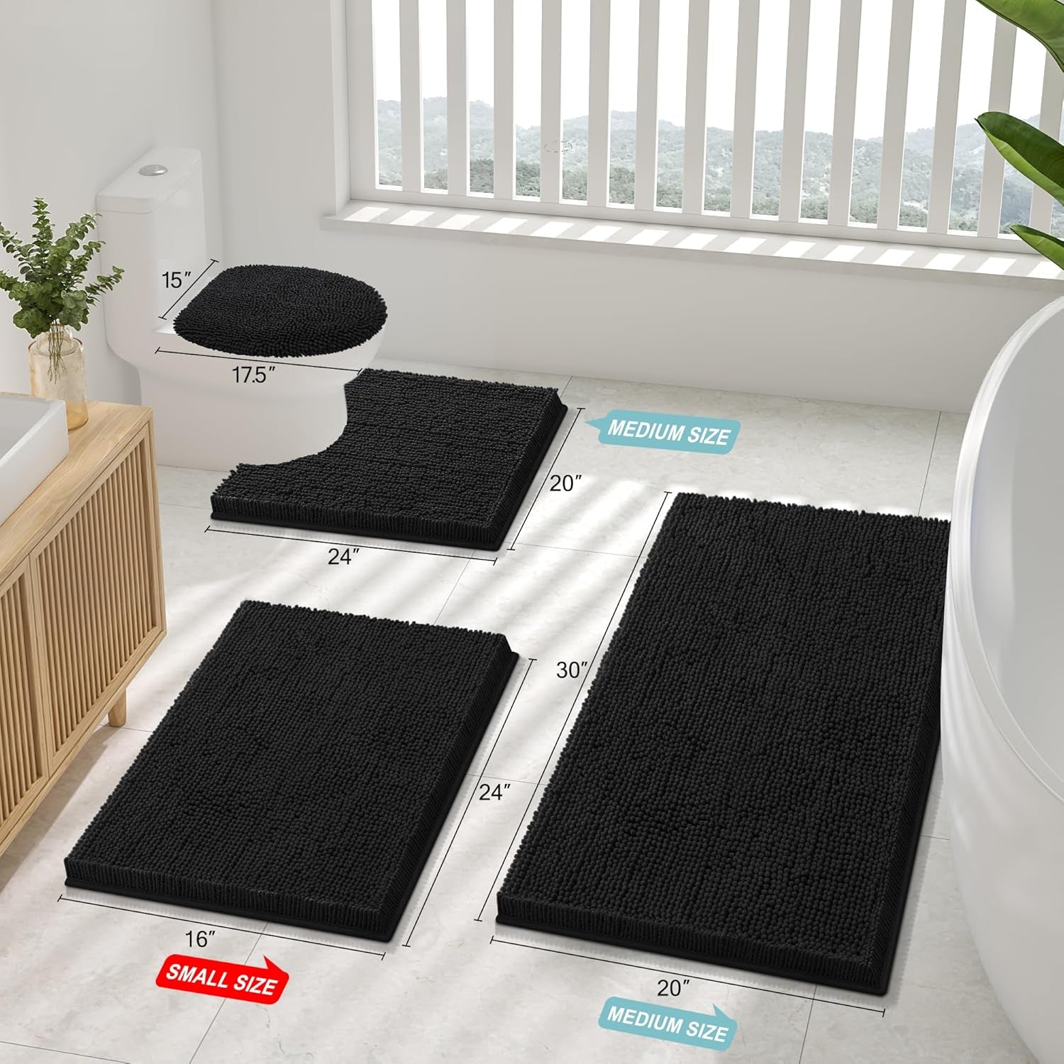 Luxury Chenille Bathroom Rugs 30X20, Extra Soft and Absorbent Shaggy Bath Mat, Machine Washable, Non-Slip Plush Carpet Runner for Tub, Shower, and Floor, Home Decor Accessories, Black