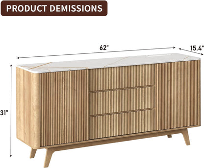 62" W Fluted Buffet Cabinet with Sliding Doors, Modern Sideboard Storage Cabinet with Power Outlet & 3 Drawers, Mid-Century Coffee Bar Table for Living Room, Dinning Room, Natural