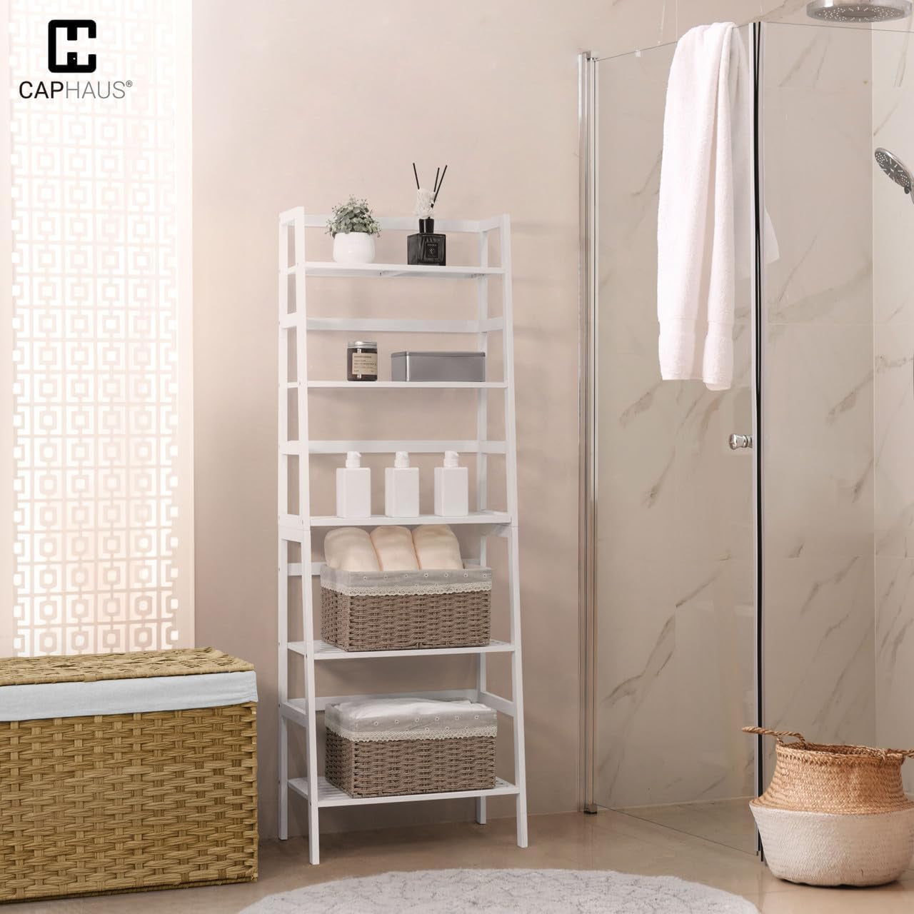 Bookshelf, 5-Tier Ladder Shelf, Floor Bookcase with Bamboo Frame,Freestanding Storage Shelves Corner Shelf, for Living Room,Home Office,Bedroom,Kitchen,Bathroom,Plant Stand,White