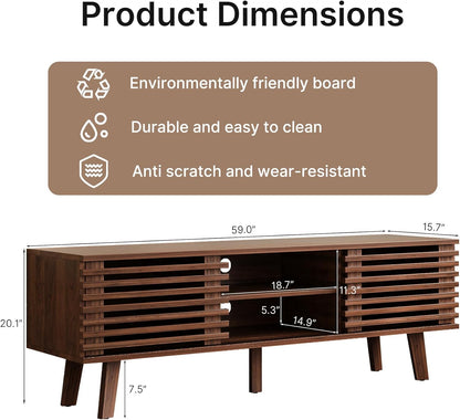 Mid-Century Modern TV Stand for 50/55/60 Inch TV, Retro Entertainment Center with Storage Cabinet & Sliding Door, TV Stand for Living Room, Bedroom