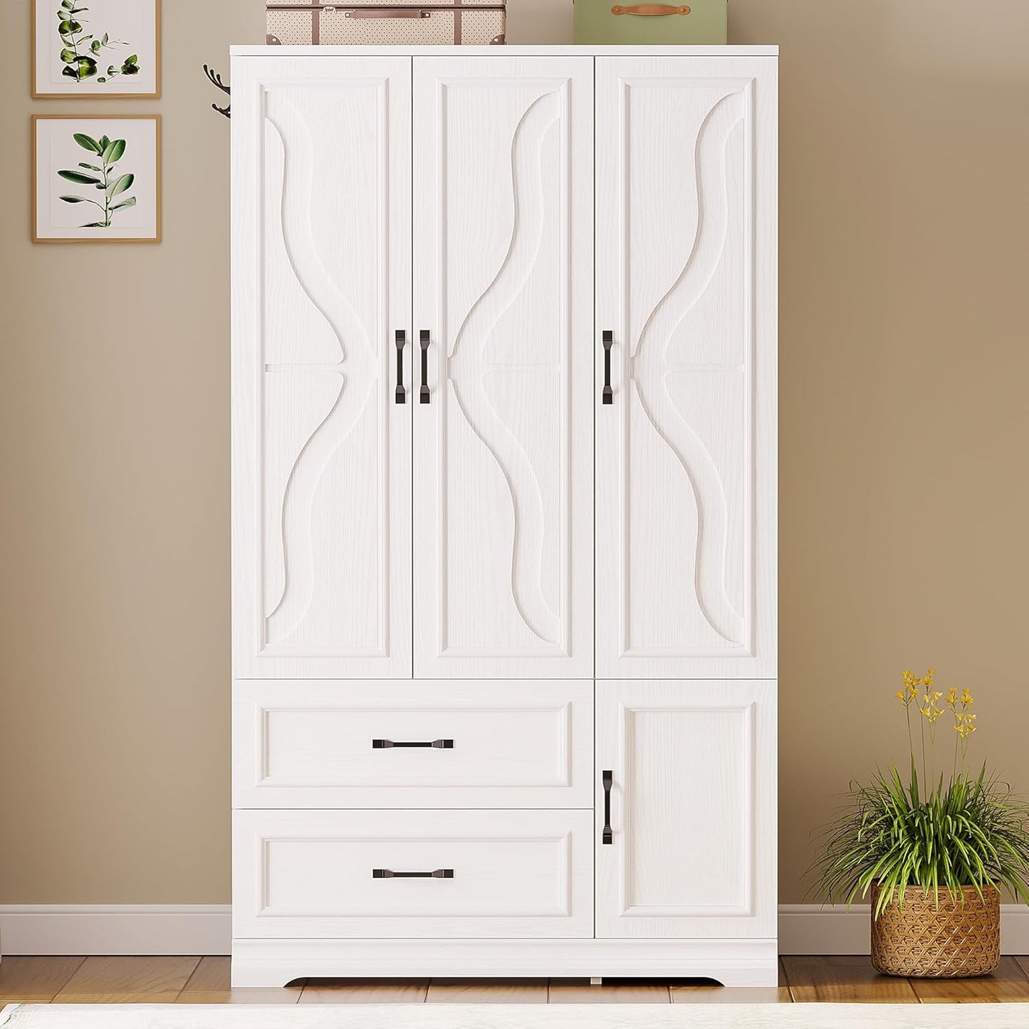 Armoire Wardrobe Closet with 4 Doors and Drawers, Wardrobe Cabinet with Storage Shelves and Side Hooks, Clothing Storage Cabinet for Bedroom, White