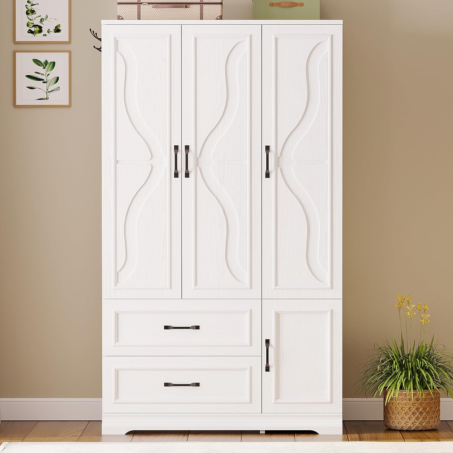 Armoire Wardrobe Closet with 4 Doors and Drawers, Wardrobe Cabinet with Storage Shelves and Side Hooks, Clothing Storage Cabinet for Bedroom, White