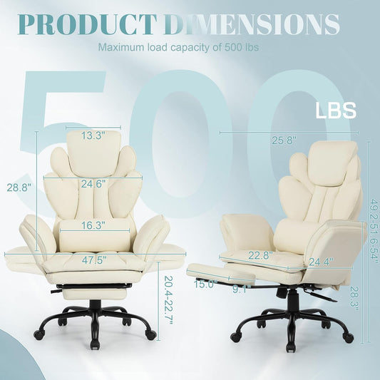 Flip Armrests Criss Cross Office Chair, Reclining Office Chair with Foot Rest, Adjustable Headrest, Massage Waist Pillow, Cross Legged Big and Tall Desk Chair Wide Seat Vanity Chair, PU Leather White