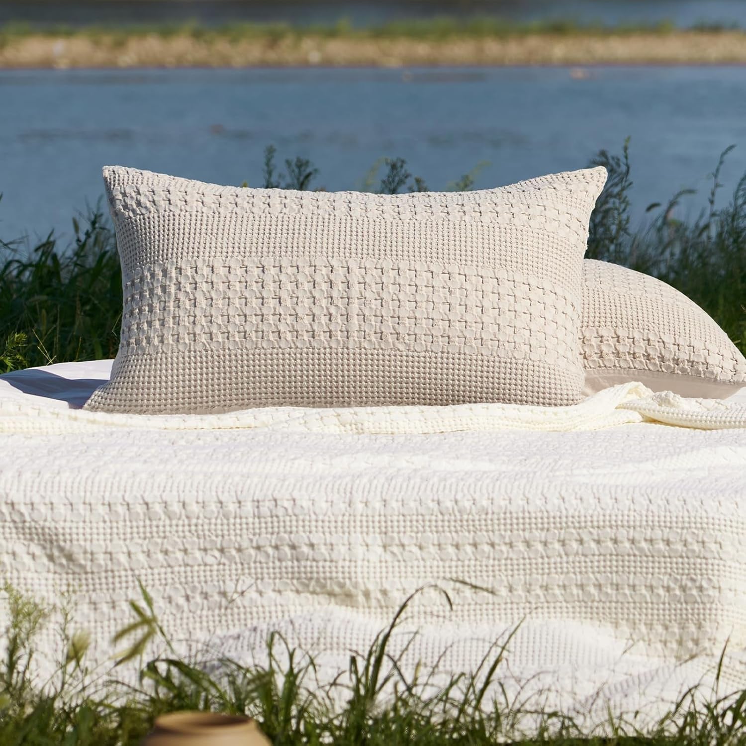 100% Cotton Waffle Pillow Shams King Size, 2 Pack 20" X 36" Soft Skin-Friendly Pillowcases, No Filling, Aesthetic Woven and Breathable Waffle Weave Pillow Case Covers for Bed, Oatmeal