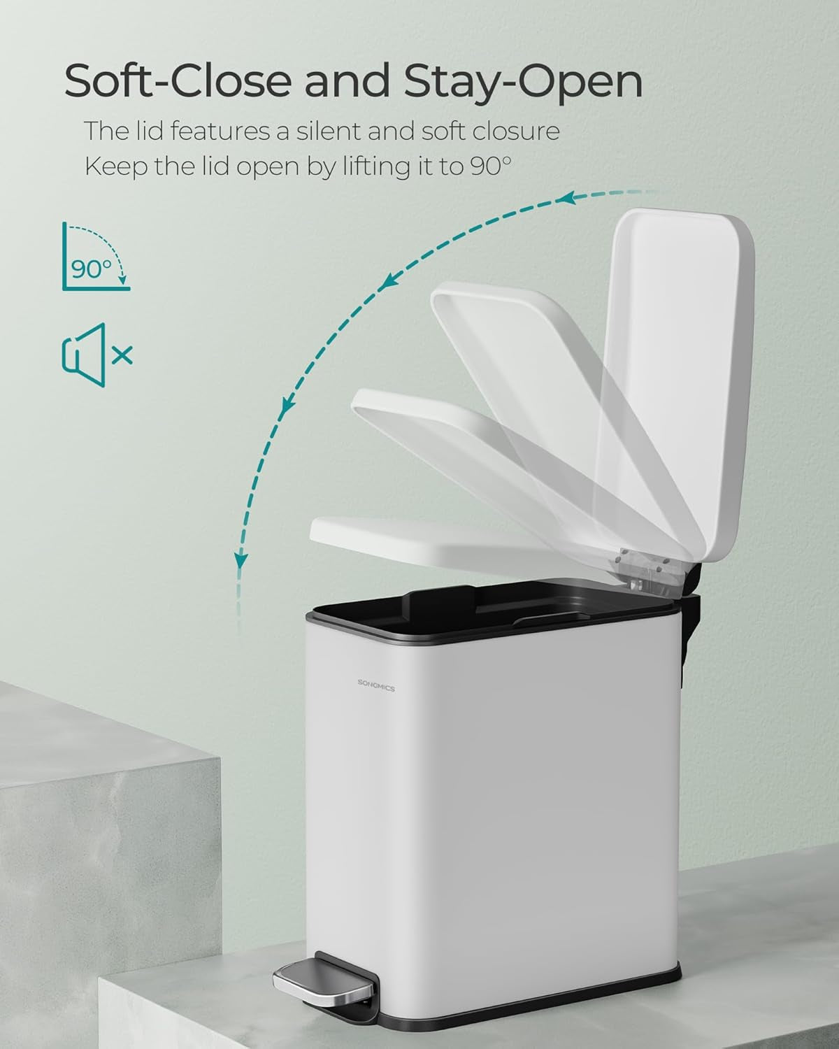 Bathroom Trash Can, 1.3 Gallon (5 L) Small Trash Bin with Lid, Slim for Small Spaces, Stainless Steel Garbage Can, Soft Close, White ULTB560W05